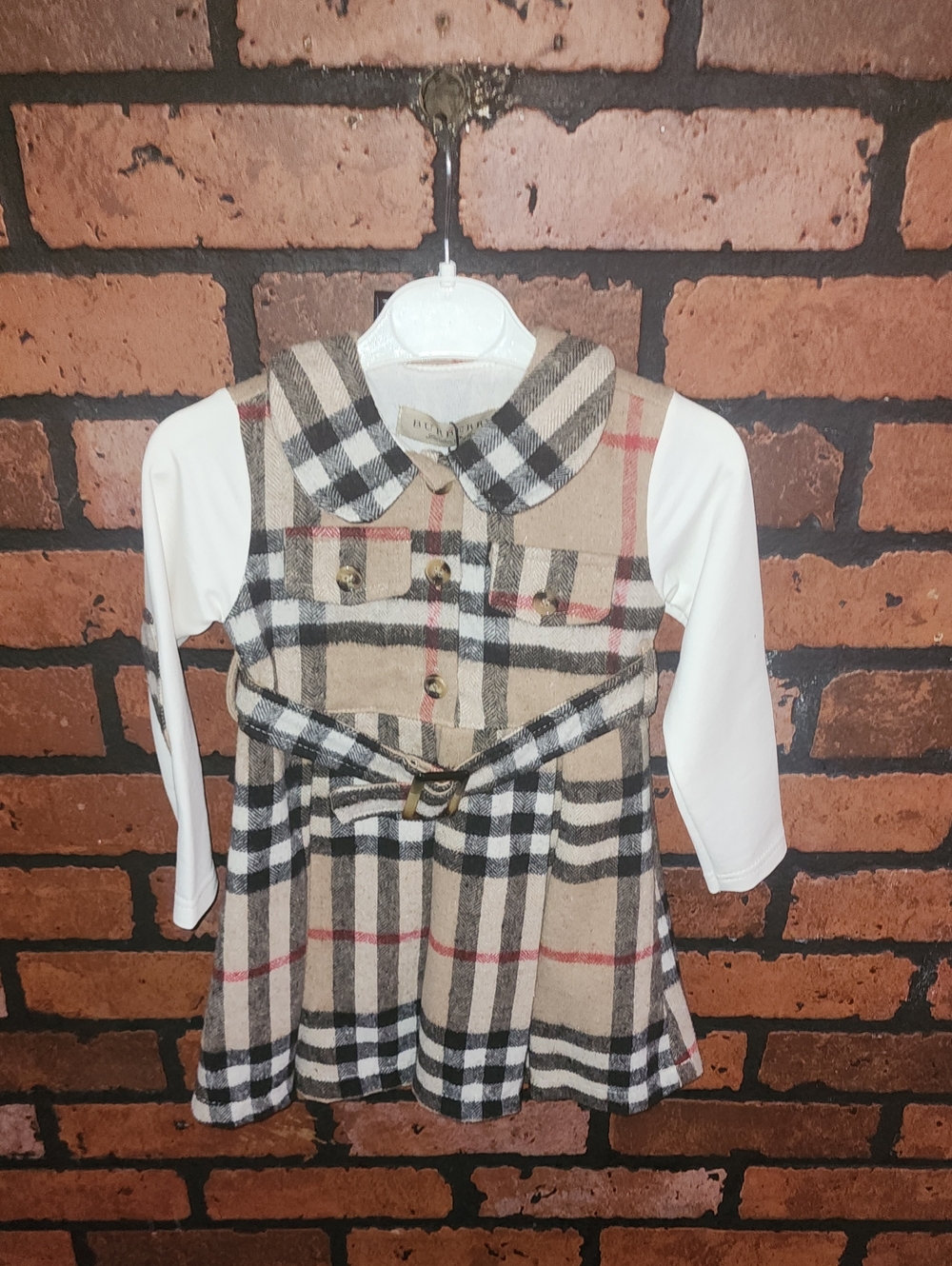 Girls Beige Plaid Dress with White Long Sleeves